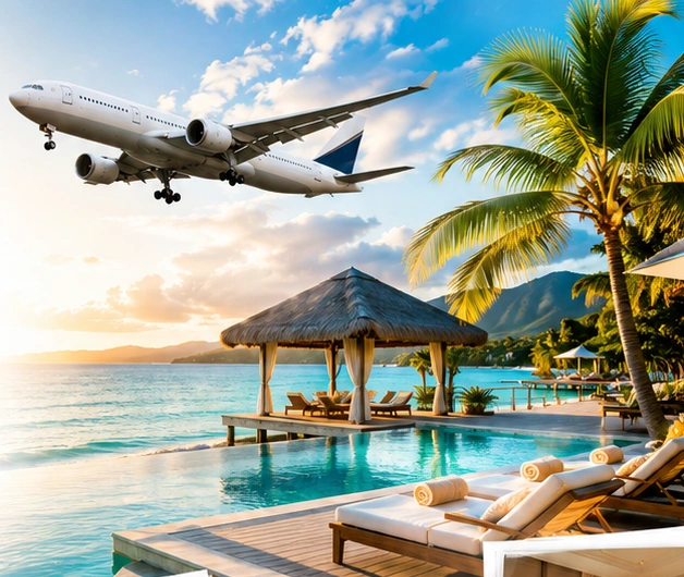 Tropical coast with a resort terrace, palms and an aircraft